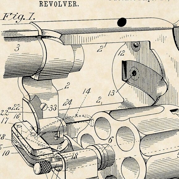 1898 G. A. Owen Revolver Patent Firearm Art 20x16 Vintage Gun Print on Parchment - Picture 9 of 9
